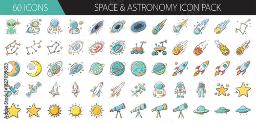 Hand drawn space and astronomy watercolor icons collection for cosmic exploration concept