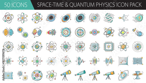 Hand-drawn space-time and quantum physics icons set, science and astronomy doodles collection
