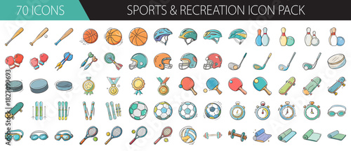 Hand-drawn sports & recreation icon collection: diverse equipment and activity symbols