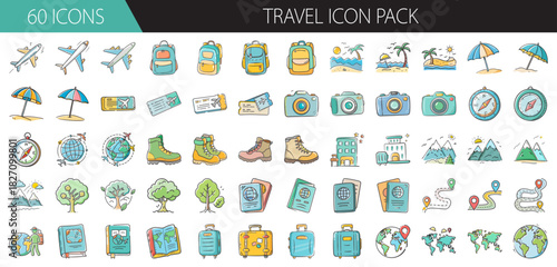 Watercolor travel icon pack with planes, luggage, maps, hotels, plus vacation essentials.