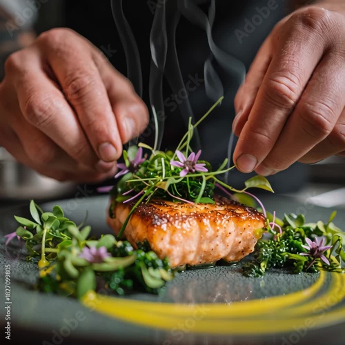 Wallpaper Mural hands putting vegetals over salmon in grey plate Torontodigital.ca