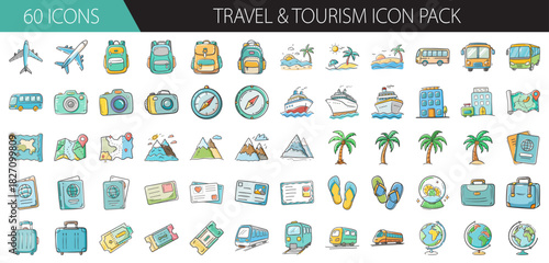 Globetrotting adventure: comprehensive travel & tourism icon set for web design & apps