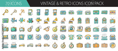Seventy vintage and retro hand-drawn icons pack: collection of classic nostalgic objects