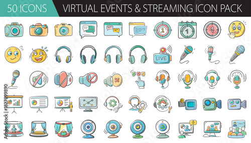 Virtual events and live streaming: fifty doodle icons for online communication technology