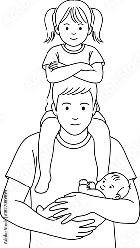 Happy father carrying daughter on shoulders and holding baby in arms, cute family line art illustration for coloring page, vector sketch.