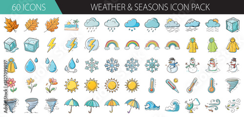 Hand-drawn weather and seasons icon pack with various atmospheric and seasonal elements