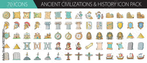 Ancient civilizations and history icon pack: hand-drawn doodle style elements vector art