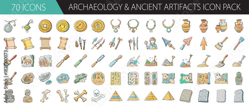 Archaeology & ancient artifacts icon set: dig tools, ancient relics, historical items, and discovery symbols.