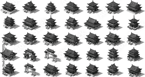 Isometric set of ancient Asian buildings, including Chinese temples and Japanese pagodas, black and white sketch vector illustration collection.