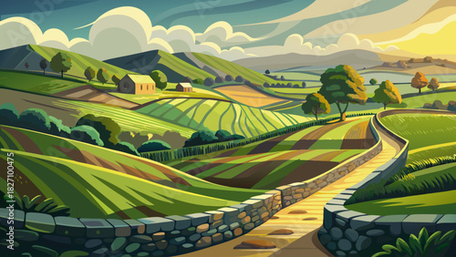 Very beautiful rural landscape featuring winding stone walls zigzagging across open fields and gentle rolling hills, surrounded by soft greenery and a peaceful New England countryside atmosphere.