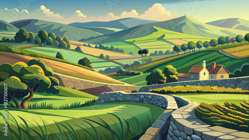 Very beautiful rural landscape featuring winding stone walls zigzagging across open fields and gentle rolling hills, surrounded by soft greenery and a peaceful New England countryside atmosphere.