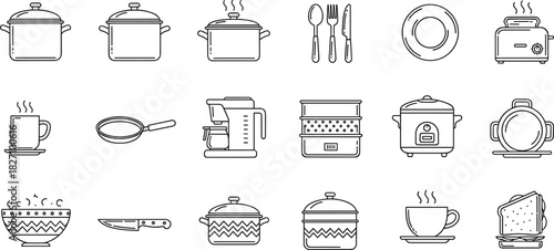 Large Collection of Kitchen and Cooking Line Icons, Outline Vector Set of Pots, Utensils, Appliances, Dishware, and Food, Minimalist Home and Restaurant Equipment Symbols
