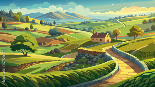 Very beautiful rural landscape featuring winding stone walls zigzagging across open fields and gentle rolling hills, surrounded by soft greenery and a peaceful New England countryside atmosphere.