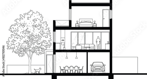 Modern house cross section blueprint showing interior layout, furniture, car in garage, and tree, architectural vector design.