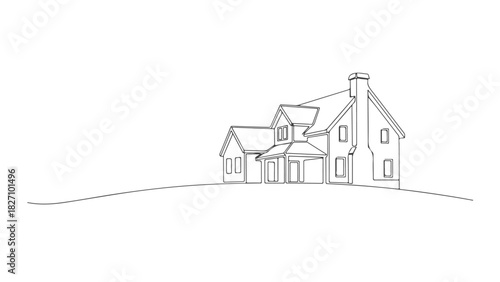 Simple one continuous line art drawing of a house on a hill, a minimalist architectural illustration concept perfect for a real estate logo or modern design. 6