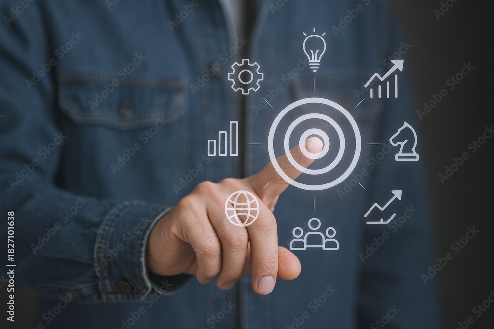 Fototapeta premium Person Touching Virtual Target Interface with Business Strategy and Digital Marketing Icons for Success