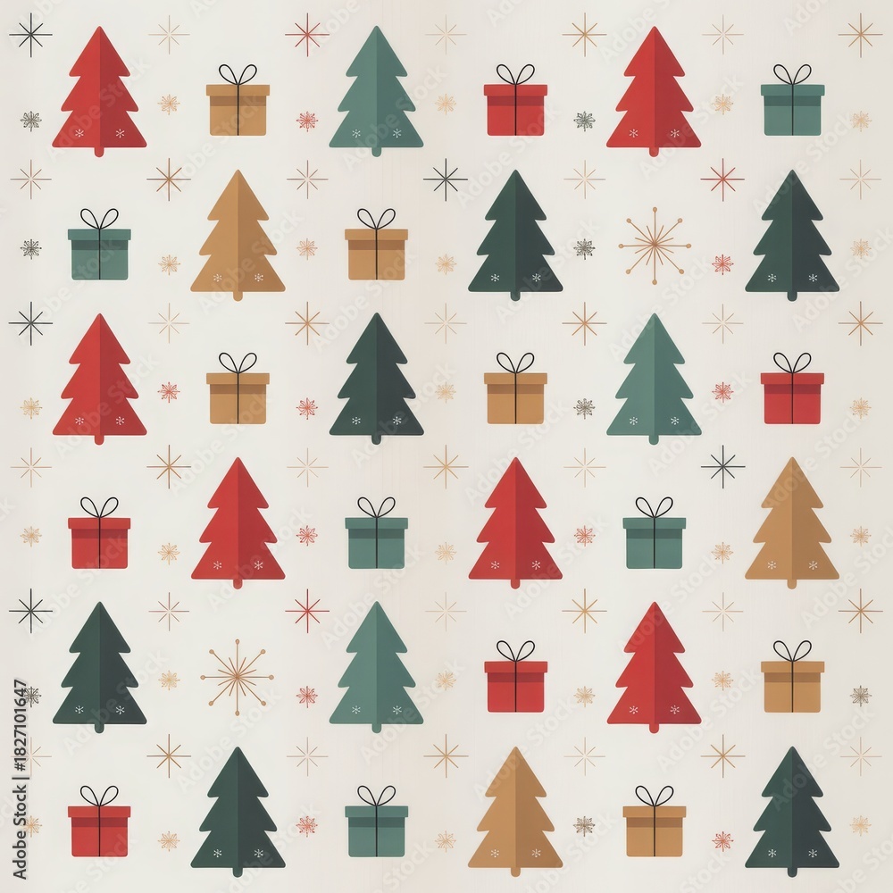Obraz premium Seamless Christmas pattern featuring green and red trees, gold ornaments, snowflakes, and wrapped gifts. Light beige backdrop with evenly spaced holiday symbols.