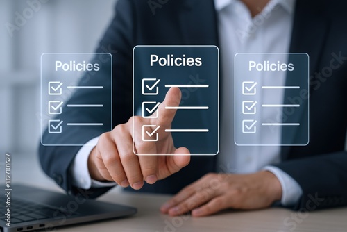 Compliance and Regulation: Businessman Interacting with Virtual Policies Checklist on a Transparent Digital Interface