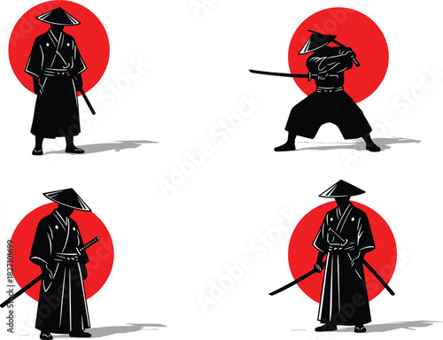 Samurai warrior silhouette set, traditional Japanese swordsman vector, martial arts fighter with katana, black and red ronin illustration collection