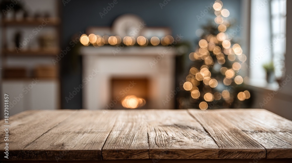 Fototapeta premium Rustic Wooden Tabletop with Blurred Christmas Tree and Fireplace Background for Festive Product Display