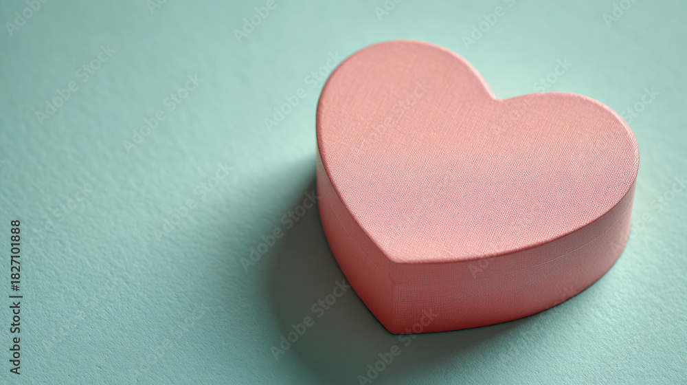 Fototapeta premium A pink heart-shaped box with a textured surface sits on a pale green background, casting a soft shadow to the right of it. The focus is and centered in this still life composition