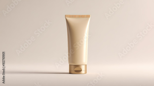 Soft beige cream skincare tube on beige background. Beauty products or cosmetics mockup.