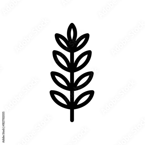 Black line art of a plant branch with leaves on a white background  