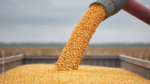 Close-Up of Golden Corn Kernels Flowing Freely from a Grain Elevator into a Harvest Truck in Rural Agricultural Field 4k video footage