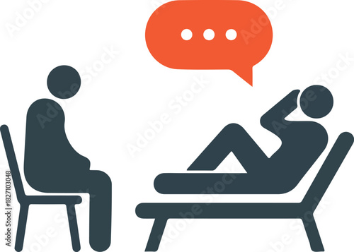 Mental health counseling, psychotherapy session with patient sharing thoughts to therapist, professional support flat icon illustration.