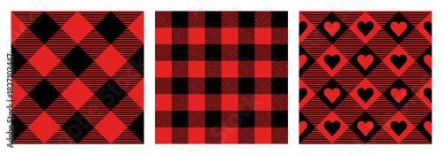 Red and black buffalo check vector seamless pattern set, diagonal plaid with hearts and gingham backgrounds for Christmas designs