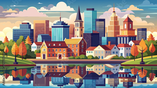 Very beautiful panoramic urban scene showcasing a harmonious skyline reflected on the calm river, featuring modern and historic buildings surrounding a peaceful waterfront atmosphere in a classic New 