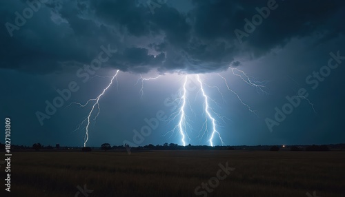 Multiple bright lightning strikes illuminate dark cloudy sky over flat field with trees on horizon. Intense storm rages with powerful electrical discharge across landscape. Nature shows raw might