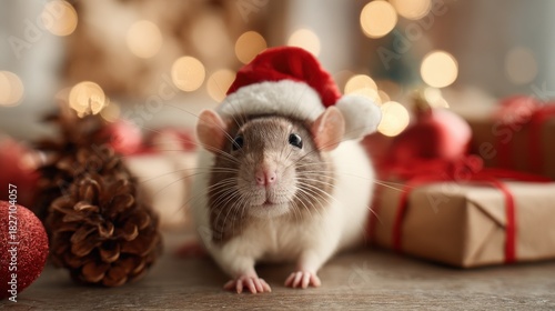Festive Rat Wearing Santa Hat Surrounded by Christmas Decor, Representing Holiday Cheer and Animal Themes