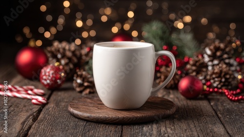 Wallpaper Mural Festive Holiday Coffee Mug Still Life with Christmas Ornaments and Pine Cones on Rustic Wood Torontodigital.ca