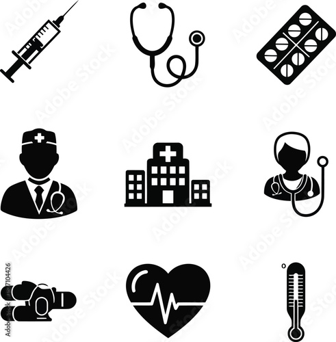 Set of medical icons: healthcare, hospital, doctor, and symbols
