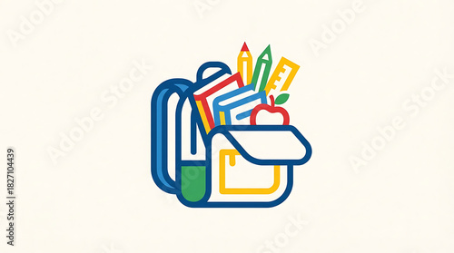 School Backpack with Books and Supplies Icon Illustration.