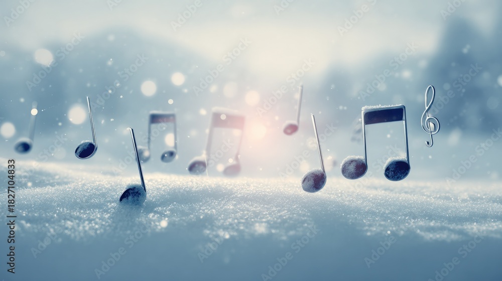 Naklejka premium Winter Music: Floating Musical Notes in Snow, Creating a Melodic and Dreamy Holiday Scene