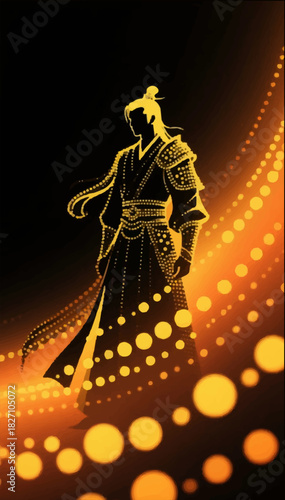 An illustration of a bright yellow-orange silhouette of a samurai drawn using clear contour lines and circles on a black-orange gradient background. Vector graphics. EPS.
