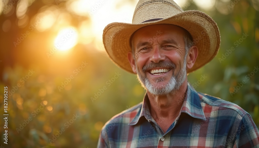Fototapeta premium Mature man wears straw cowboy hat and plaid shirt. He smiles happily outdoors in warm sunlight, background foliage blurred bokeh. Peaceful farmer outdoor, caucasian male.