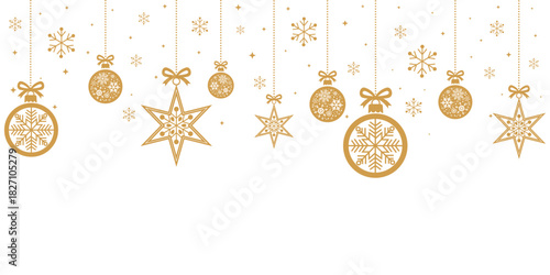 Elegant gold line art Christmas background with hanging baubles, stars, snowflakes and tiny sparkles on white, ideal for festive banners, greeting cards, invitations, web headers and seasonal holiday 
