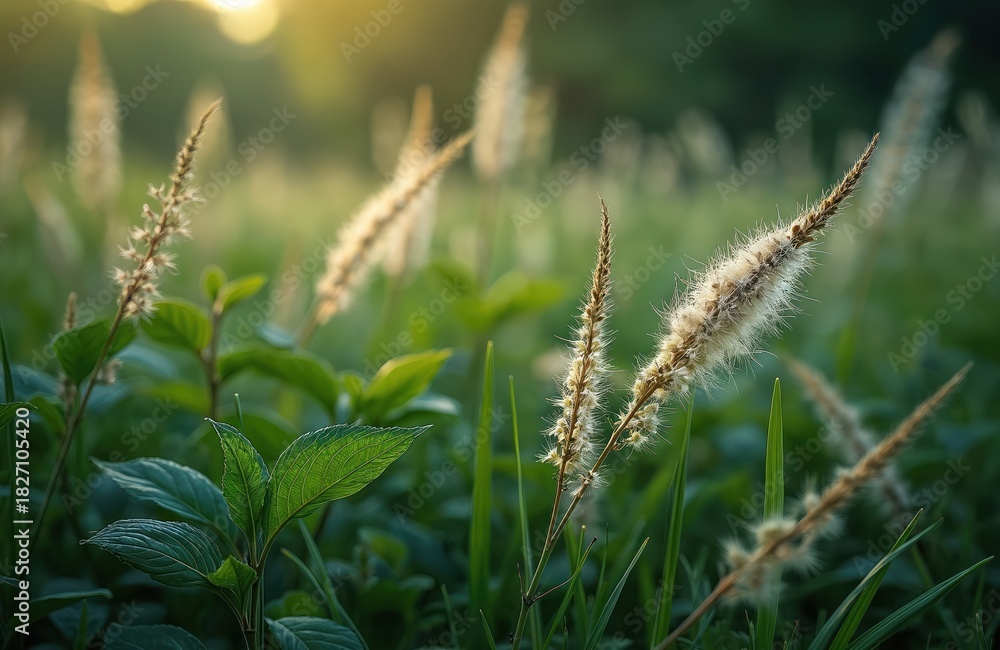 Fototapeta premium Close up photo of wild plants on sunny day. Green leaves and fluffy seed heads grow in open nature. Medicinal herbs, botanical background or eco concept.