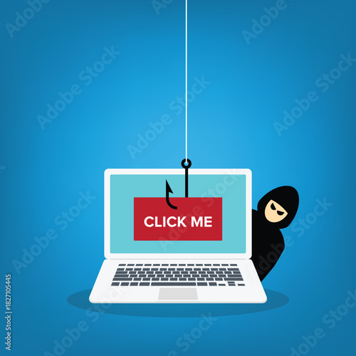 Hacker trying to steal confidential data, personal information and credit card detail using click me bait on a laptop computer.