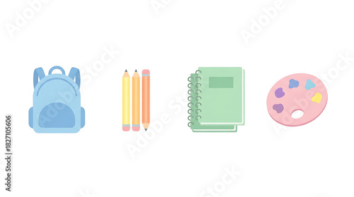 School supplies arrangement featuring backpack pencils notebook and palette.