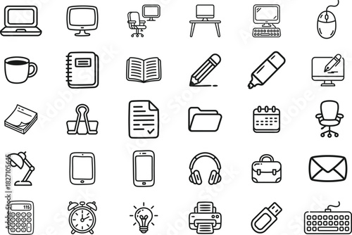 A clean office and workstation doodle icon set featuring 30 hand-drawn elements including laptops, monitors, desk chairs, stationery, notebooks, pens, sticky notes, calendars, folders, lamps, gadgets