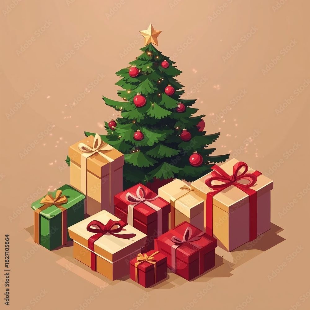 Obraz premium Christmas tree with colorful gifts and decorations on beige background 