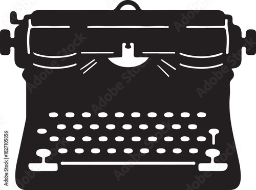 Vintage typewriter black silhouette vector illustration: retro writing machine icon for communication, journalism, and literature design