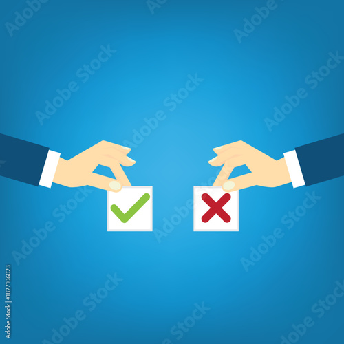 Human hands holding yes and no papers as pros and cons . Comparing positive advantages or negative disadvantages	