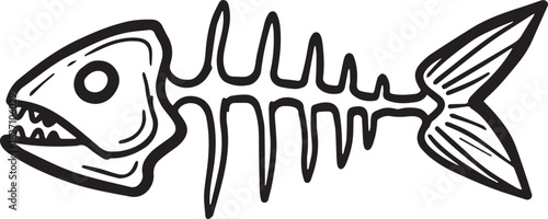 Cartoon Fish Skeleton Doodle - Black Outline