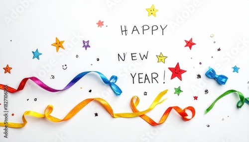 A childish New Year's card on a clean white background: a large inscription “HAPPY NEW YEAR!” in uneven childish handwriting, scattered around her are multi-colored paper