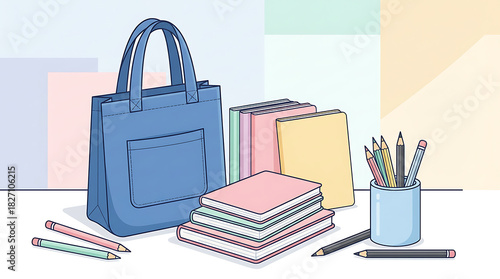 School Supplies Arrangement with Bag Books and Pencils.